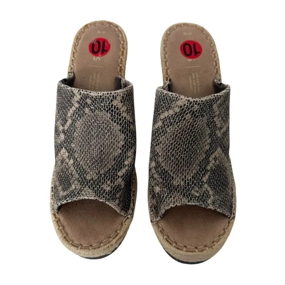 Toms Brown Monica Mule Snakeskin Open Toe Wedge Slip on Sandals